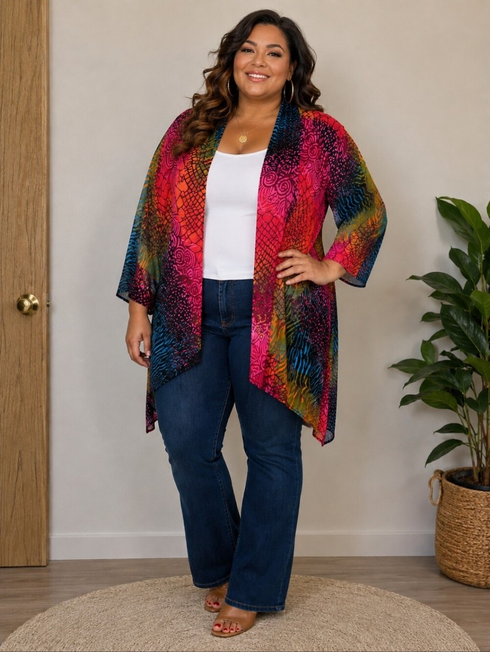 Plus Size Multicolor Vibrant Open-Front  Kimono